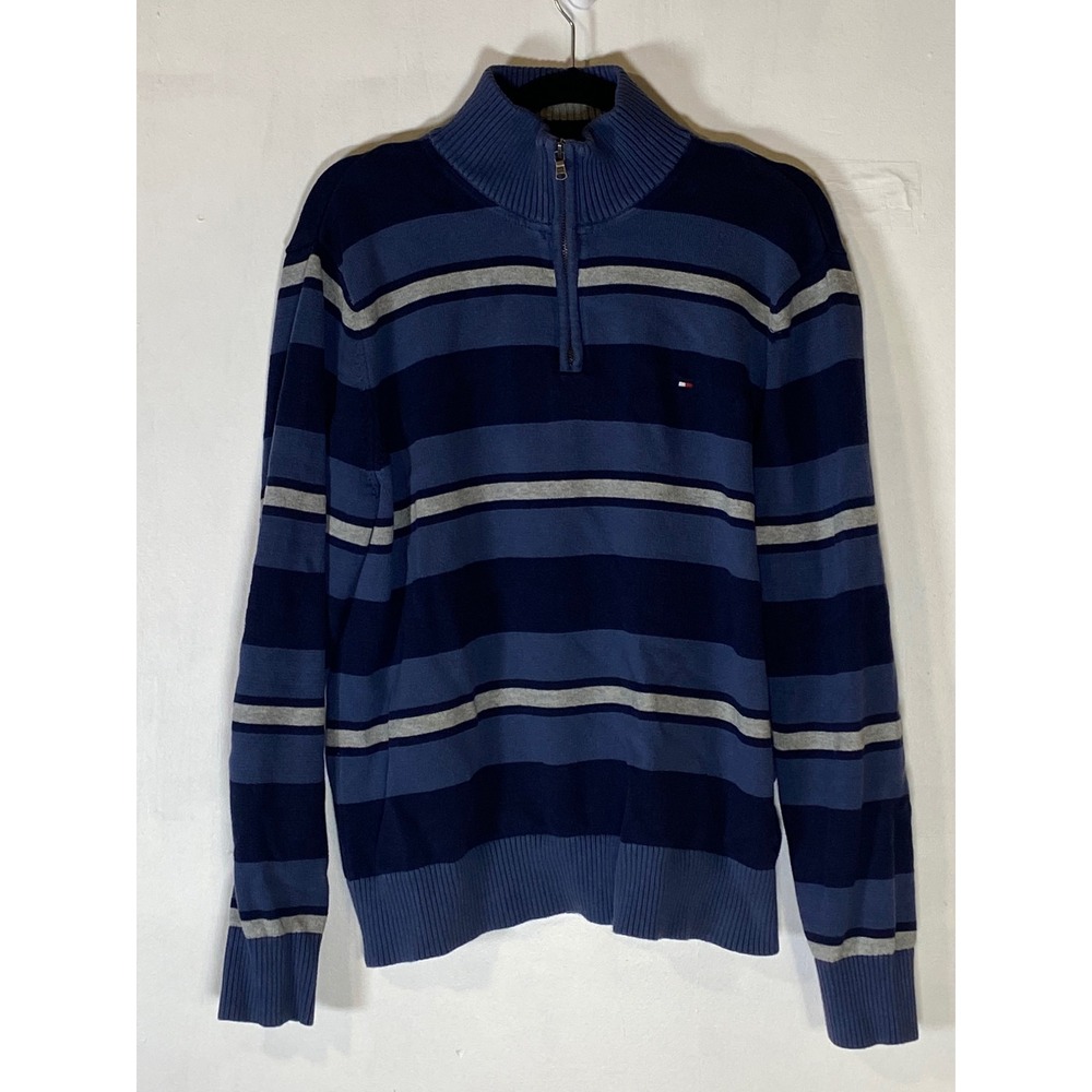 Tommy‎ Hilfiger Blue Striped Quarter Zip Sweater Large Preppy Coastal Cotton